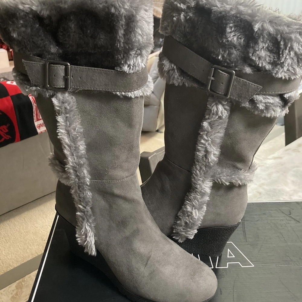 MIA Gray Faux-Fur Trim Wedge Boots